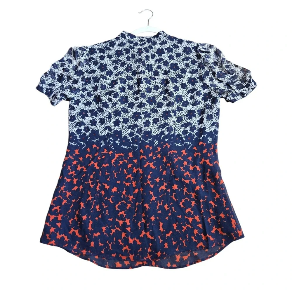 Tory Burch Navy Orange Floral Silk Button Down Mandarin Collar Blouse Size 4